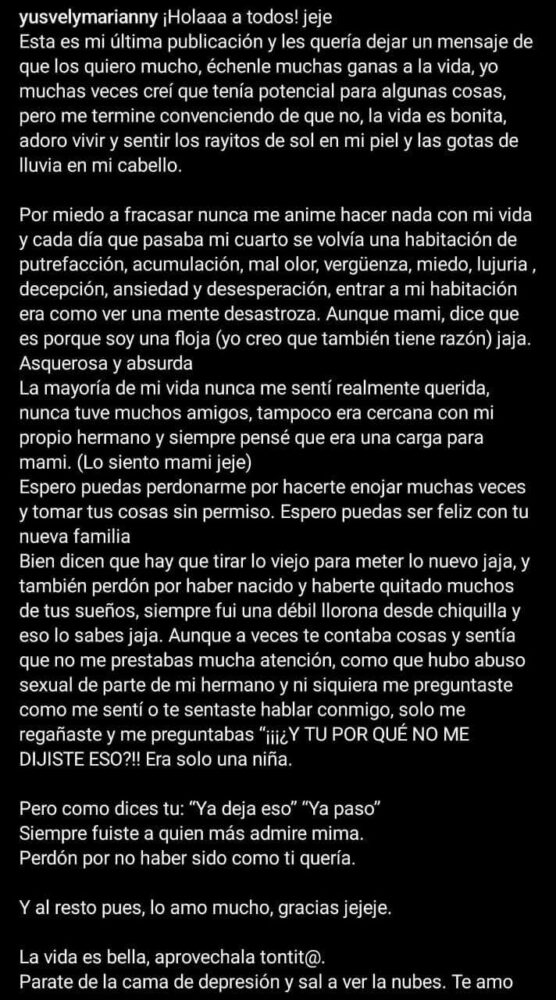 Joven venezolana Yusvely se despide en redes para quitarse la vida en Puebla