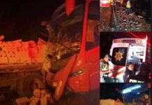 Fuerte accidente entre un camión del ADO y camión de materiales en la vía Mérida- Campeche