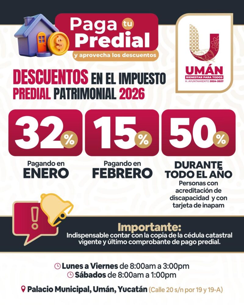 Ayuntamiento de Umán facilita el pago del predial y ofrece descuentos históricos en 2026