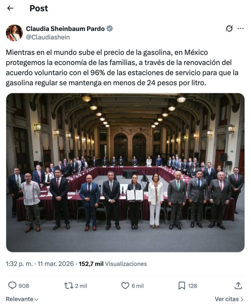 La Presidenta Claudia Sheinbaum logra extender acuerdo para mantener gasolina Magna en 24 pesos en México