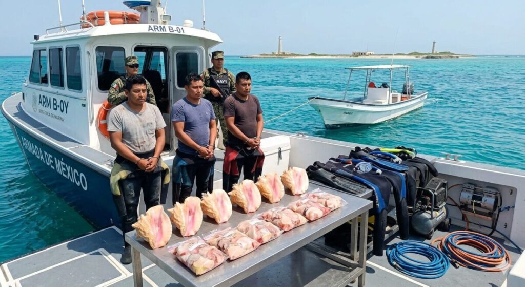 Detienen a tres pescadores furtivos en Arrecife Alacranes por extracción de caracol rosado