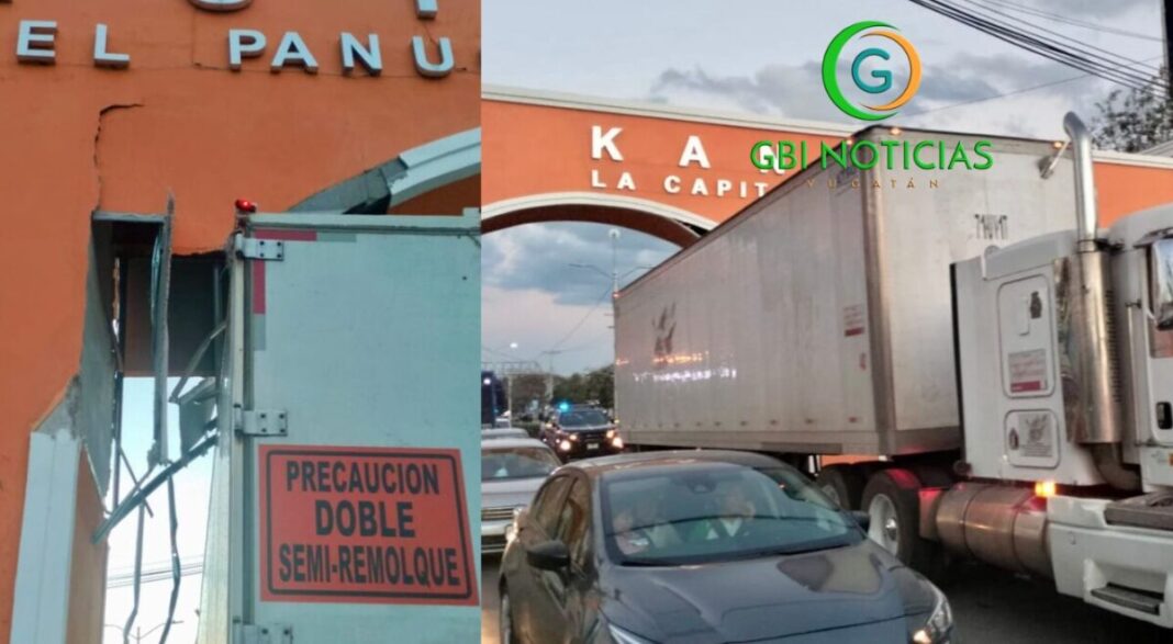 Tráiler impacta el Arco de Bienvenida en Kanasín; conductor es detenido