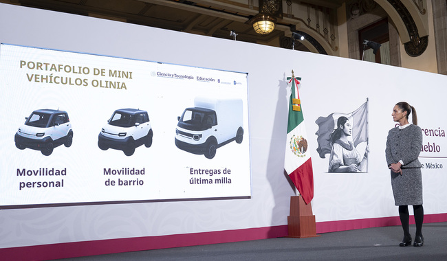 Presentan el Olinia el primer auto eléctrico cien por ciento mexicano impulsado por el Gobierno Federal