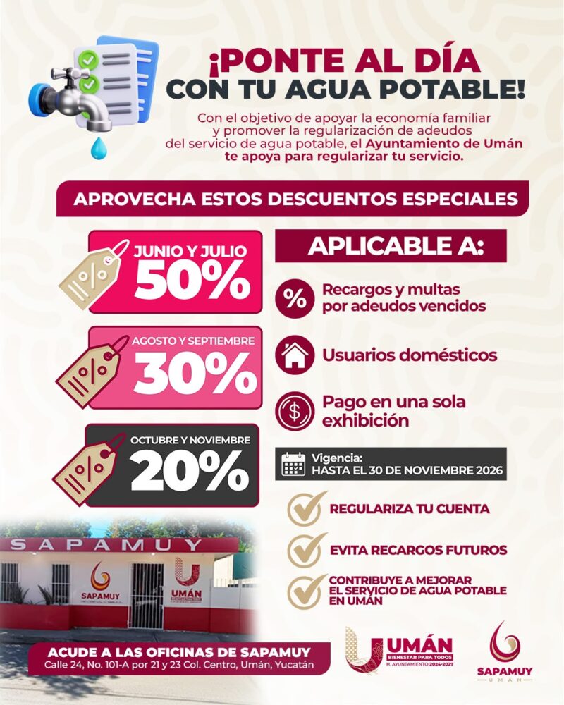 Ayuntamiento de Umán ofrece hasta 50% de descuento para apoyar la economía de las familias