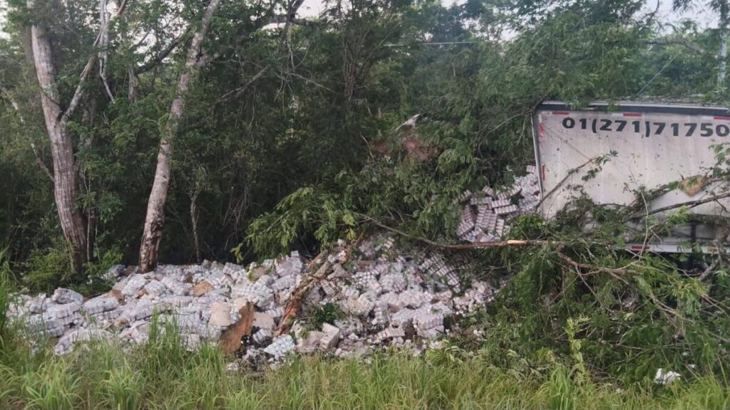 Accidente en la Mérida–Cancún deja daños materiales tras volcadura de un camión en Tinum